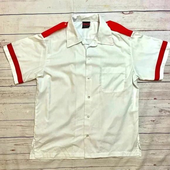 Vintage Mens Nautical Short Sleeve Button Up Shirt VTG Salior White Red Striped - Picture 7 of 10
